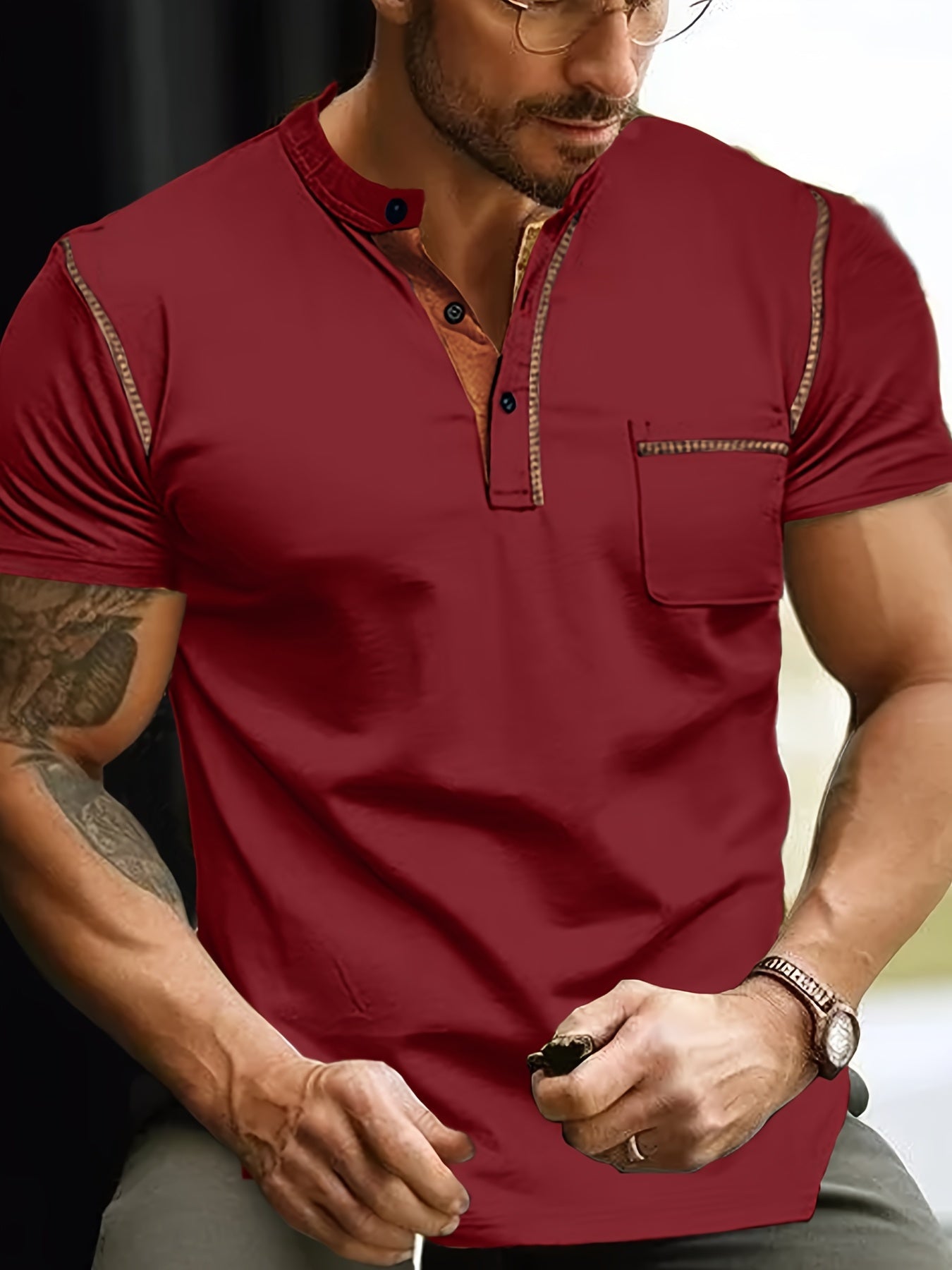 Men's Casual T-Shirt, Stylish Short Sleeve V-Neck With Button Detail Tee, Slim Fit Sports Tee For Everyday Wear