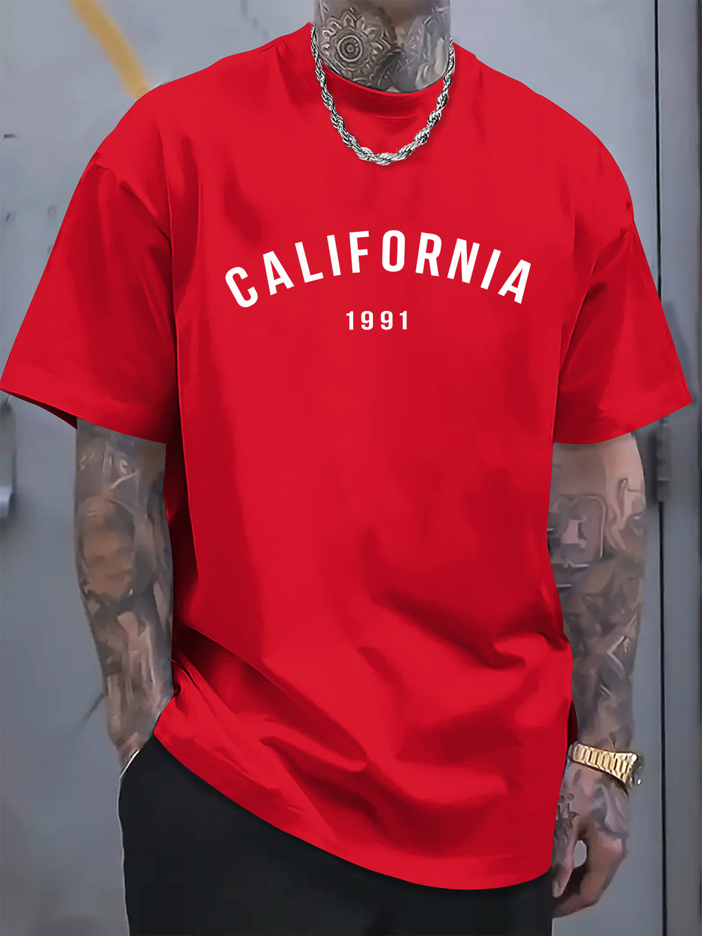 Cotton Men's Casual T-Shirt with "CALIFORNIA 1991" Unique Letter & Creative Print, Simplistic Style, Comfortable Fit for Everyday Wear