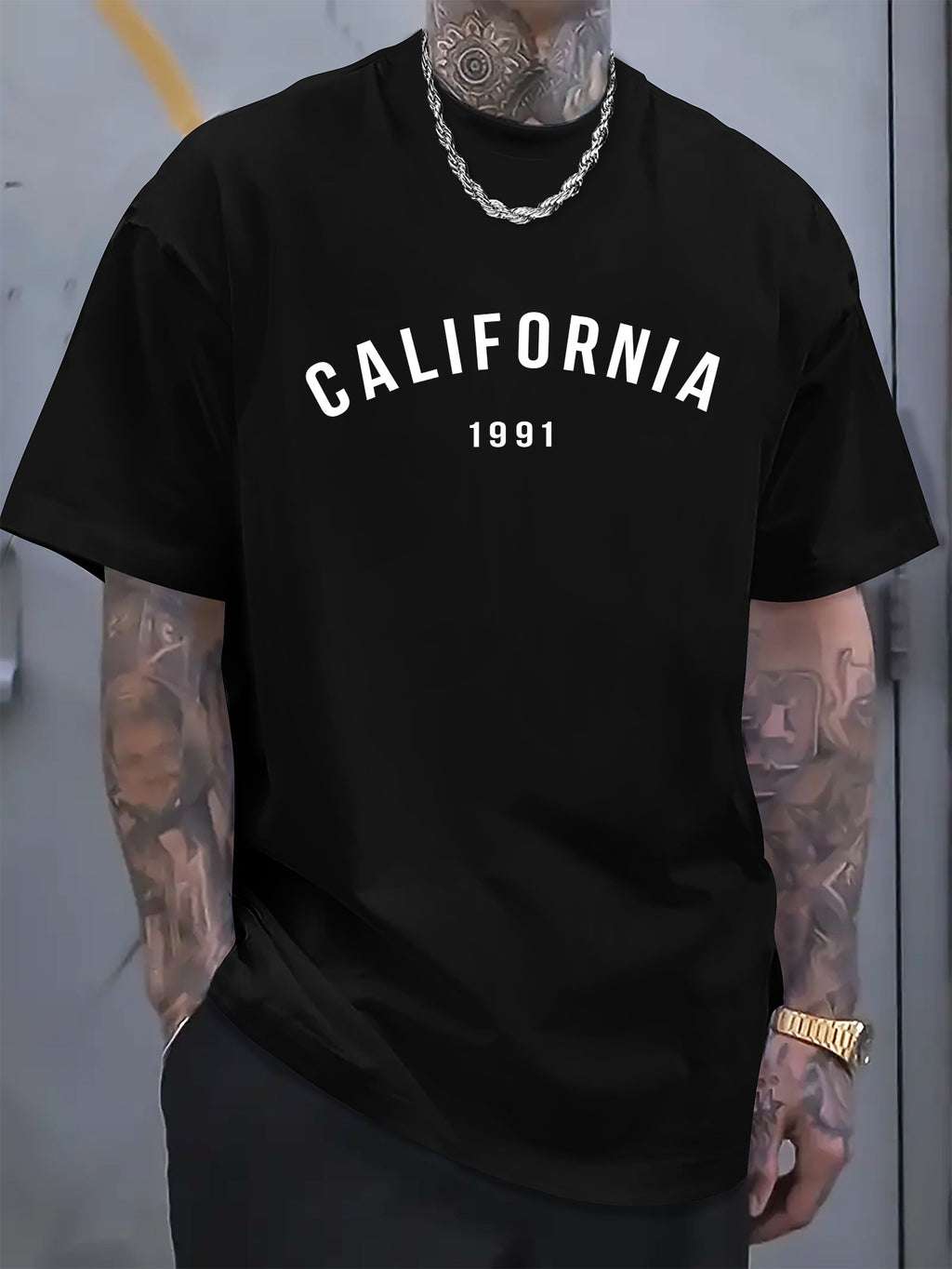 Cotton Men's Casual T-Shirt with "CALIFORNIA 1991" Unique Letter & Creative Print, Simplistic Style, Comfortable Fit for Everyday Wear