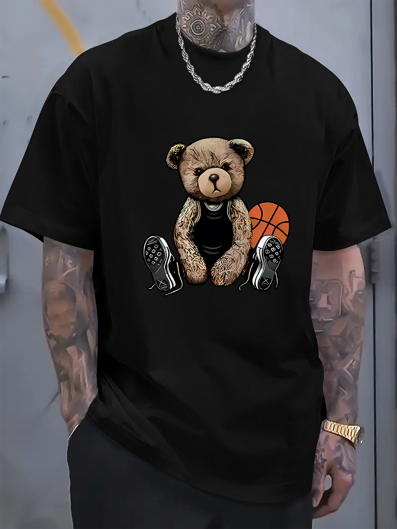 [Cotton Men's T-Shirt] Soft Cotton Men's Casual T-Shirt | Funny Basketball Bear Print, Short Sleeve, Round Neck, Summer Tee for Men | Sporty Urban Style, Playful Graphic Tee, Basketball Shirt