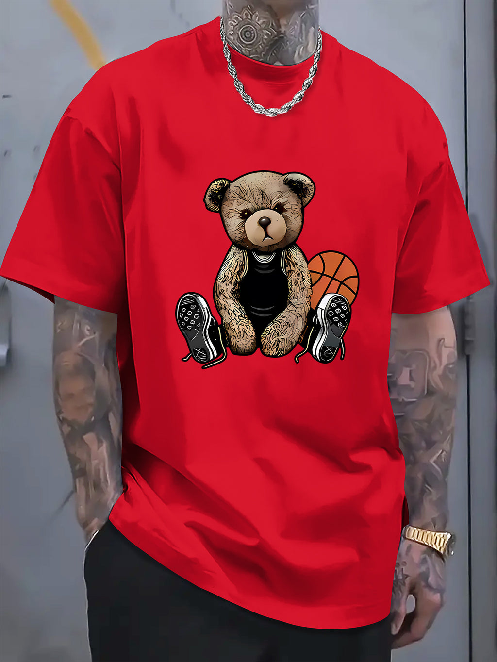 [Cotton Men's T-Shirt] Soft Cotton Men's Casual T-Shirt | Funny Basketball Bear Print, Short Sleeve, Round Neck, Summer Tee for Men | Sporty Urban Style, Playful Graphic Tee, Basketball Shirt