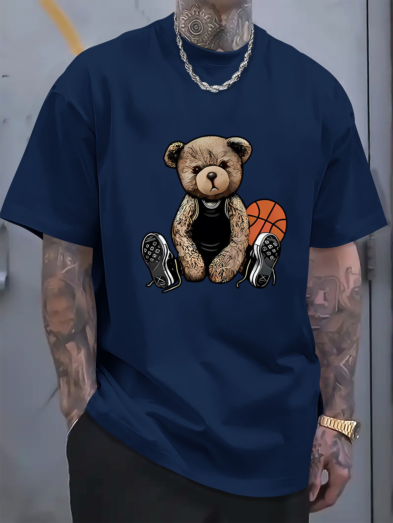 [Cotton Men's T-Shirt] Soft Cotton Men's Casual T-Shirt | Funny Basketball Bear Print, Short Sleeve, Round Neck, Summer Tee for Men | Sporty Urban Style, Playful Graphic Tee, Basketball Shirt