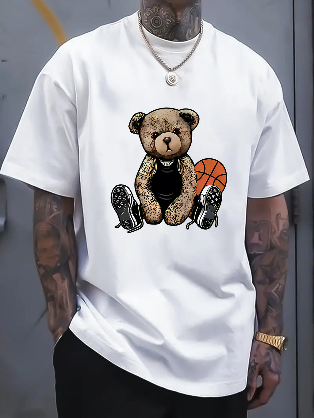 [Cotton Men's T-Shirt] Soft Cotton Men's Casual T-Shirt | Funny Basketball Bear Print, Short Sleeve, Round Neck, Summer Tee for Men | Sporty Urban Style, Playful Graphic Tee, Basketball Shirt