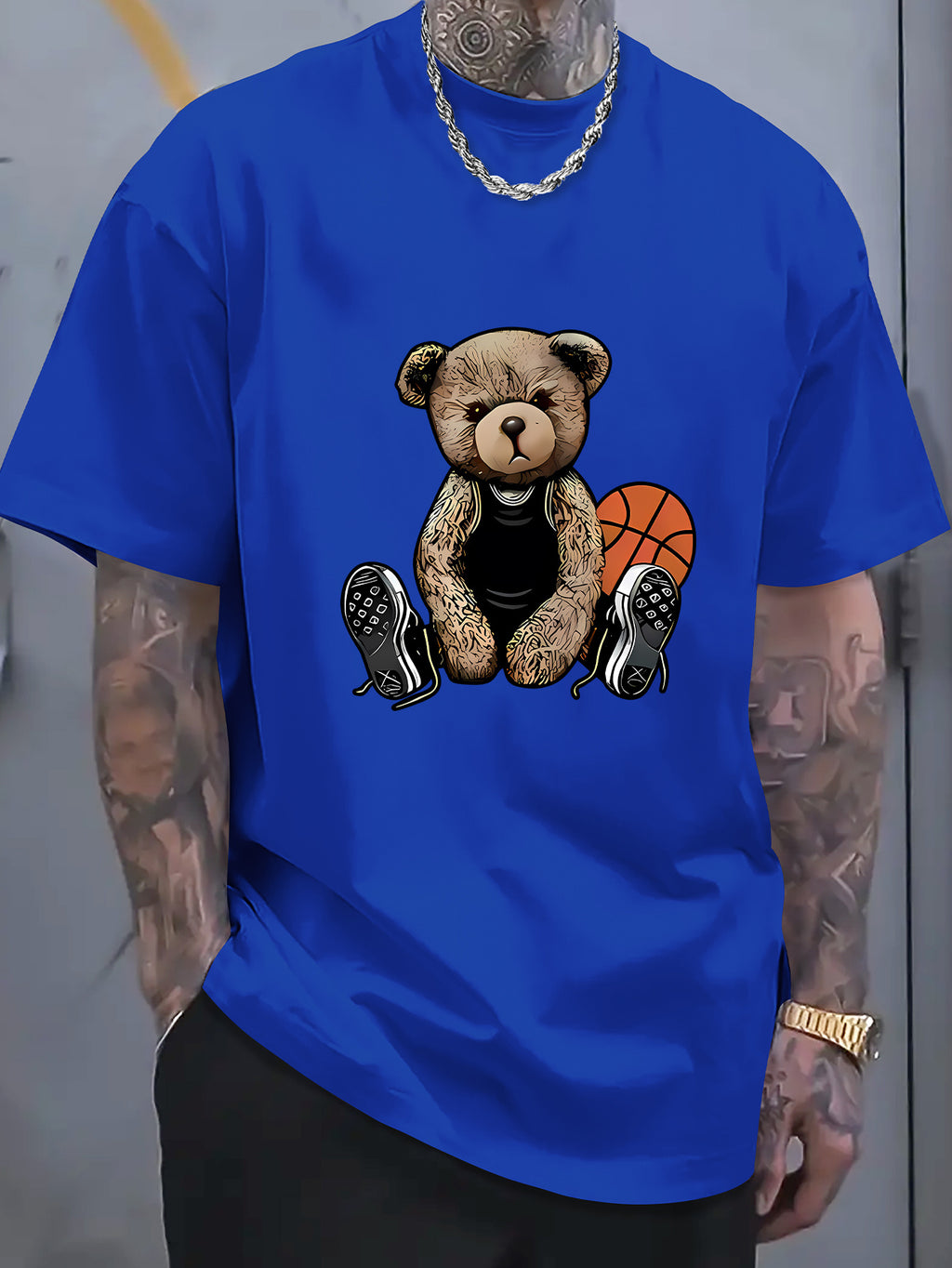 [Cotton Men's T-Shirt] Soft Cotton Men's Casual T-Shirt | Funny Basketball Bear Print, Short Sleeve, Round Neck, Summer Tee for Men | Sporty Urban Style, Playful Graphic Tee, Basketball Shirt