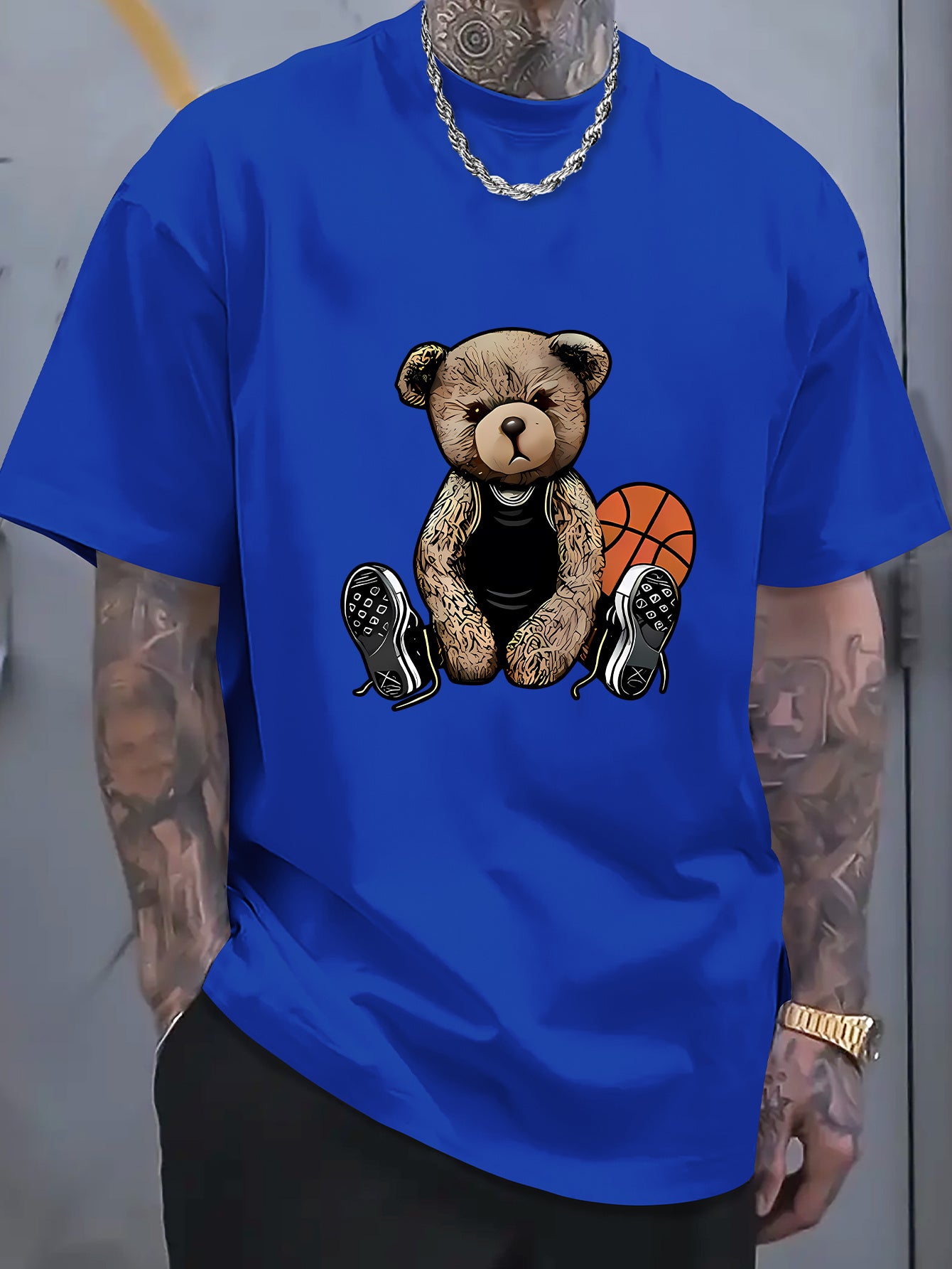 [Cotton Men's T-Shirt] Soft Cotton Men's Casual T-Shirt | Funny Basketball Bear Print, Short Sleeve, Round Neck, Summer Tee for Men | Sporty Urban Style, Playful Graphic Tee, Basketball Shirt