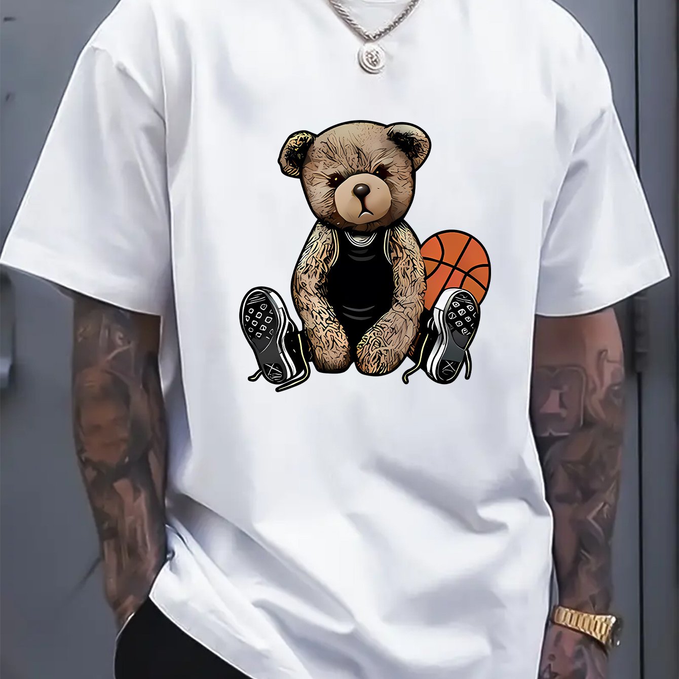 [Cotton Men's T-Shirt] Soft Cotton Men's Casual T-Shirt | Funny Basketball Bear Print, Short Sleeve, Round Neck, Summer Tee for Men | Sporty Urban Style, Playful Graphic Tee, Basketball Shirt