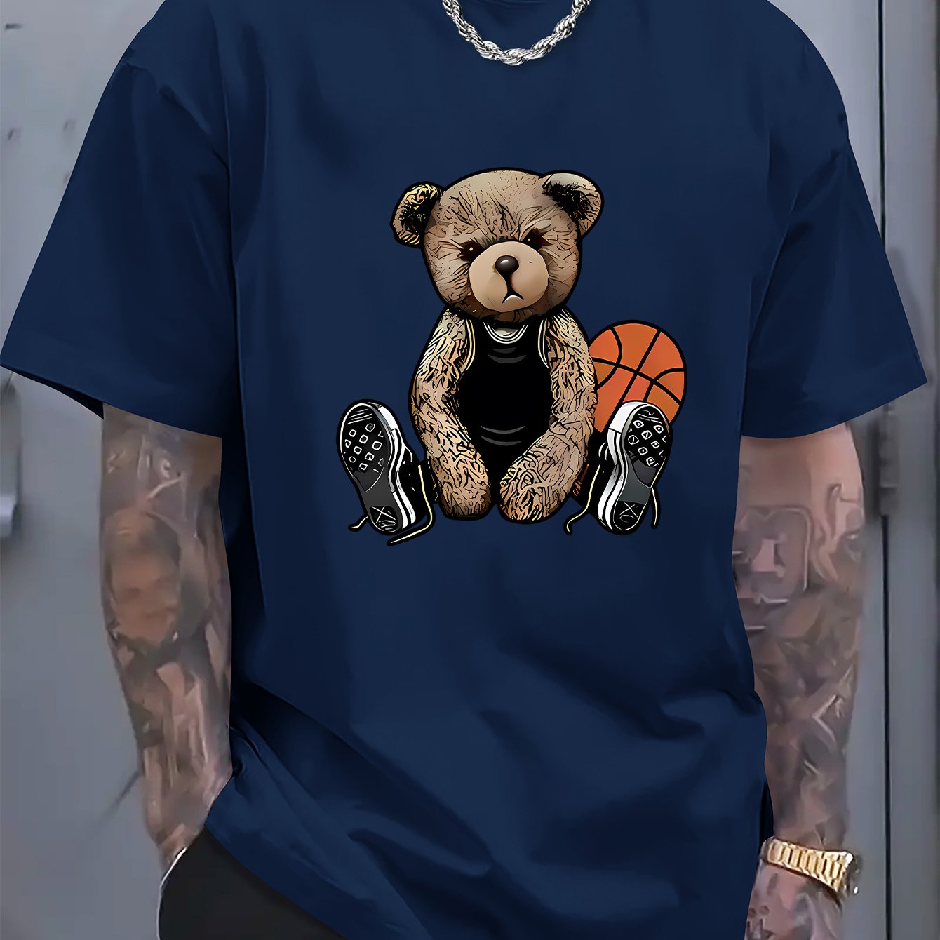 [Cotton Men's T-Shirt] Soft Cotton Men's Casual T-Shirt | Funny Basketball Bear Print, Short Sleeve, Round Neck, Summer Tee for Men | Sporty Urban Style, Playful Graphic Tee, Basketball Shirt