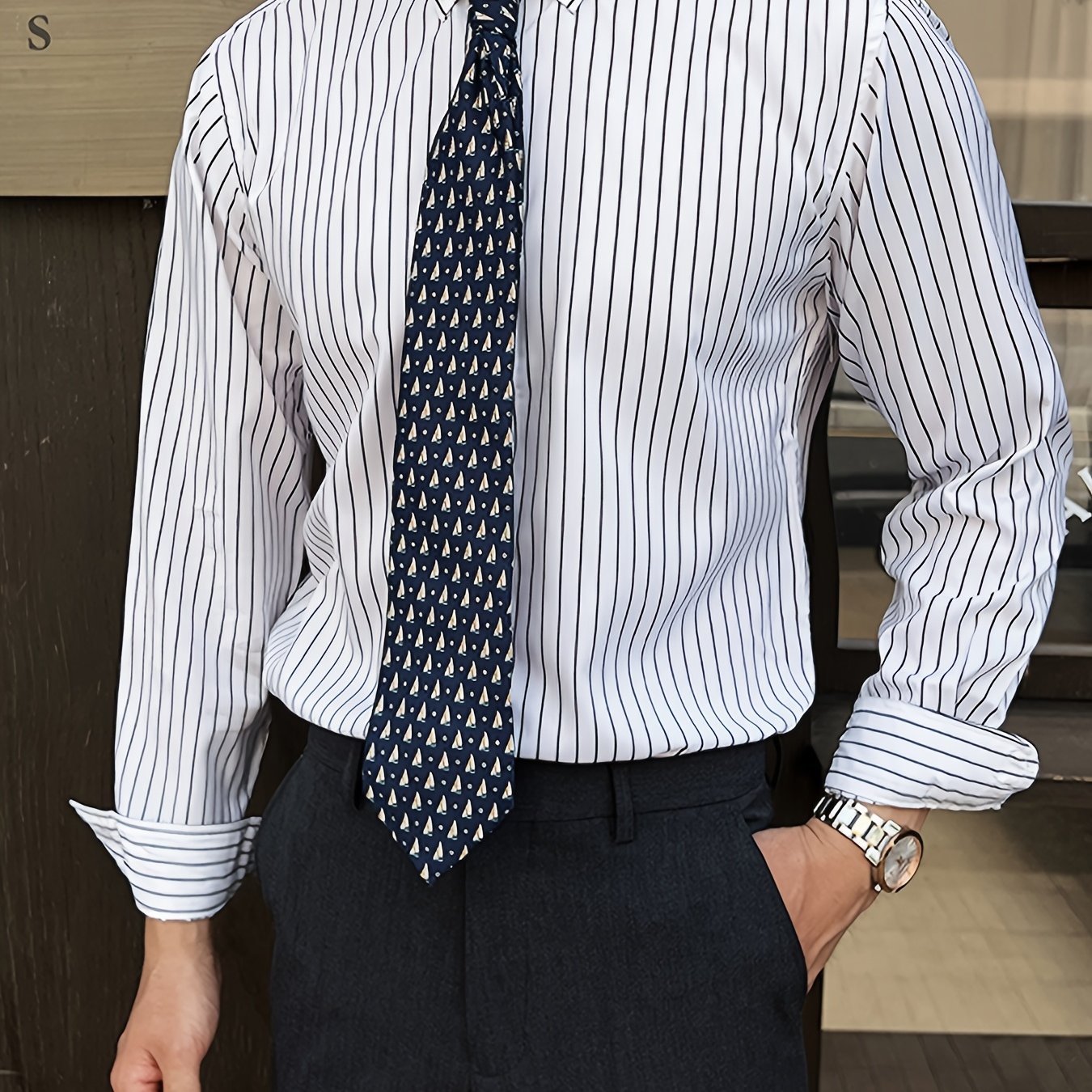 A Classic Regular-Fit Men'S Dress Shirt with Wide Vertical Stripes.