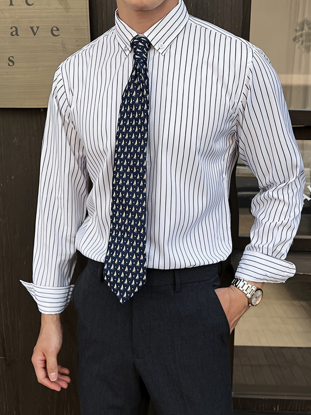 A Classic Regular-Fit Men'S Dress Shirt with Wide Vertical Stripes.