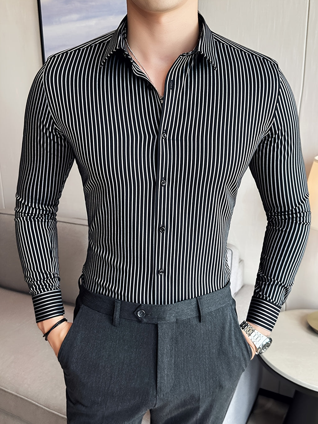 A Classic Regular-Fit Men'S Dress Shirt with Wide Vertical Stripes.