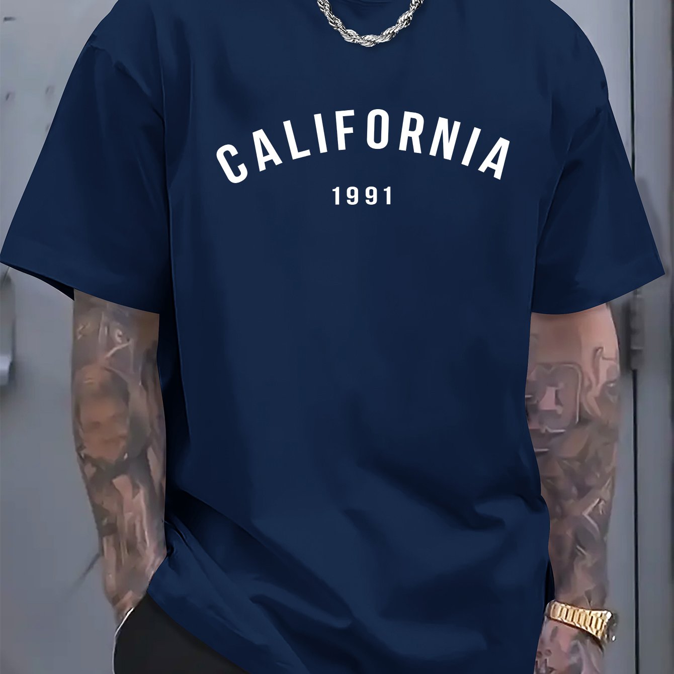 Cotton Men's Casual T-Shirt with "CALIFORNIA 1991" Unique Letter & Creative Print, Simplistic Style, Comfortable Fit for Everyday Wear