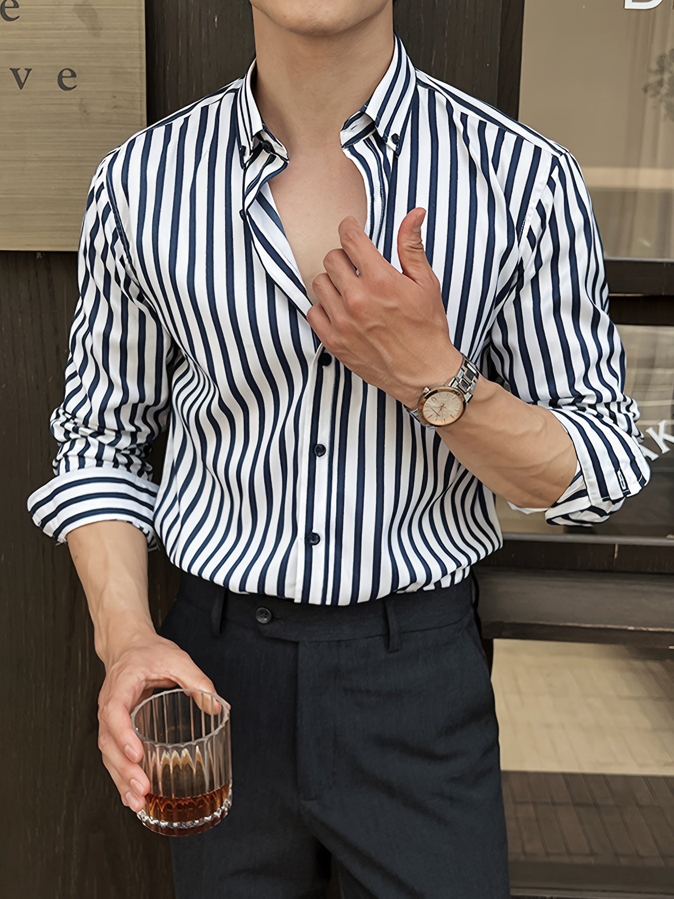 A Classic Regular-Fit Men'S Dress Shirt with Wide Vertical Stripes.