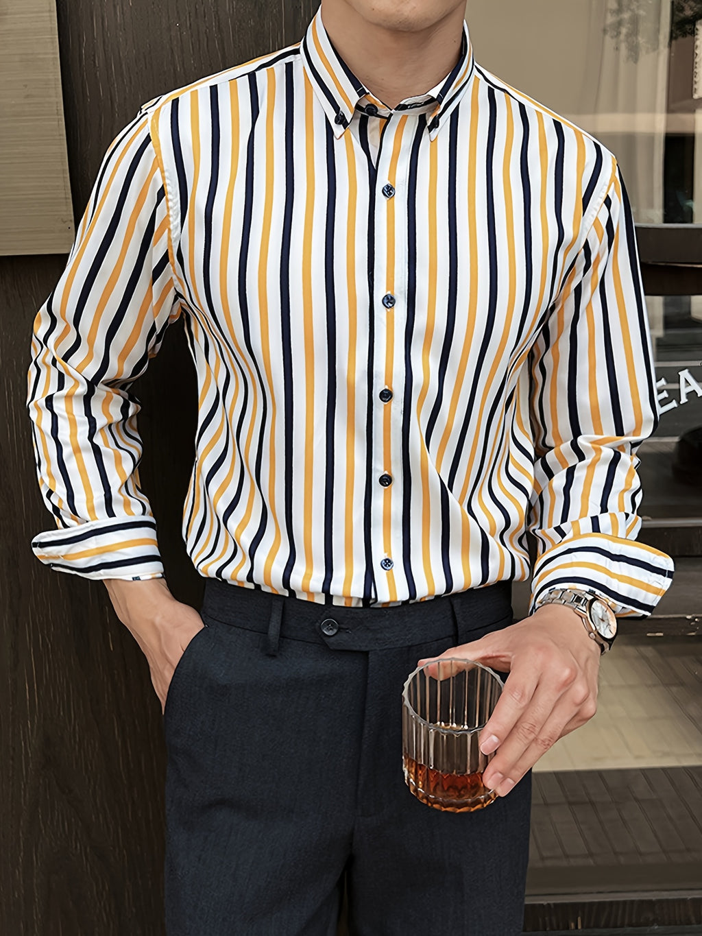 A Classic Regular-Fit Men'S Dress Shirt with Wide Vertical Stripes.
