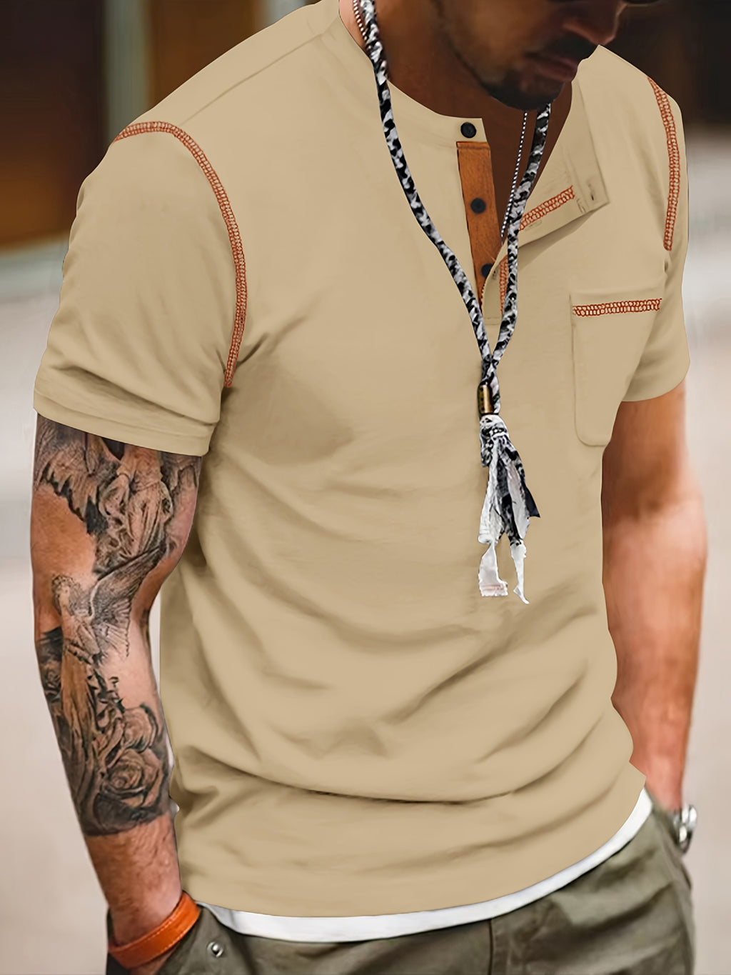 Men's Casual T-Shirt, Stylish Short Sleeve V-Neck With Button Detail Tee, Slim Fit Sports Tee For Everyday Wear