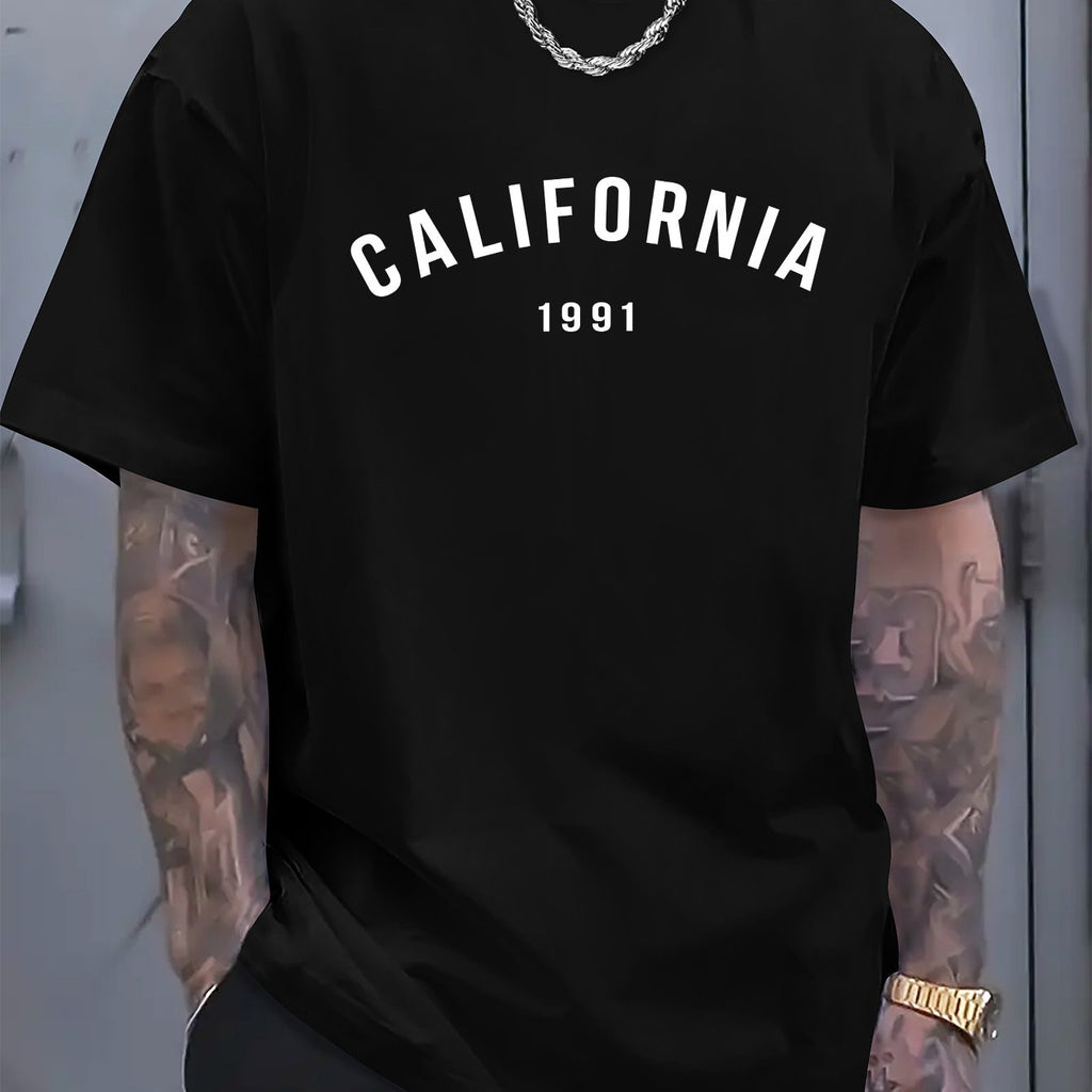Cotton Men's Casual T-Shirt with "CALIFORNIA 1991" Unique Letter & Creative Print, Simplistic Style, Comfortable Fit for Everyday Wear