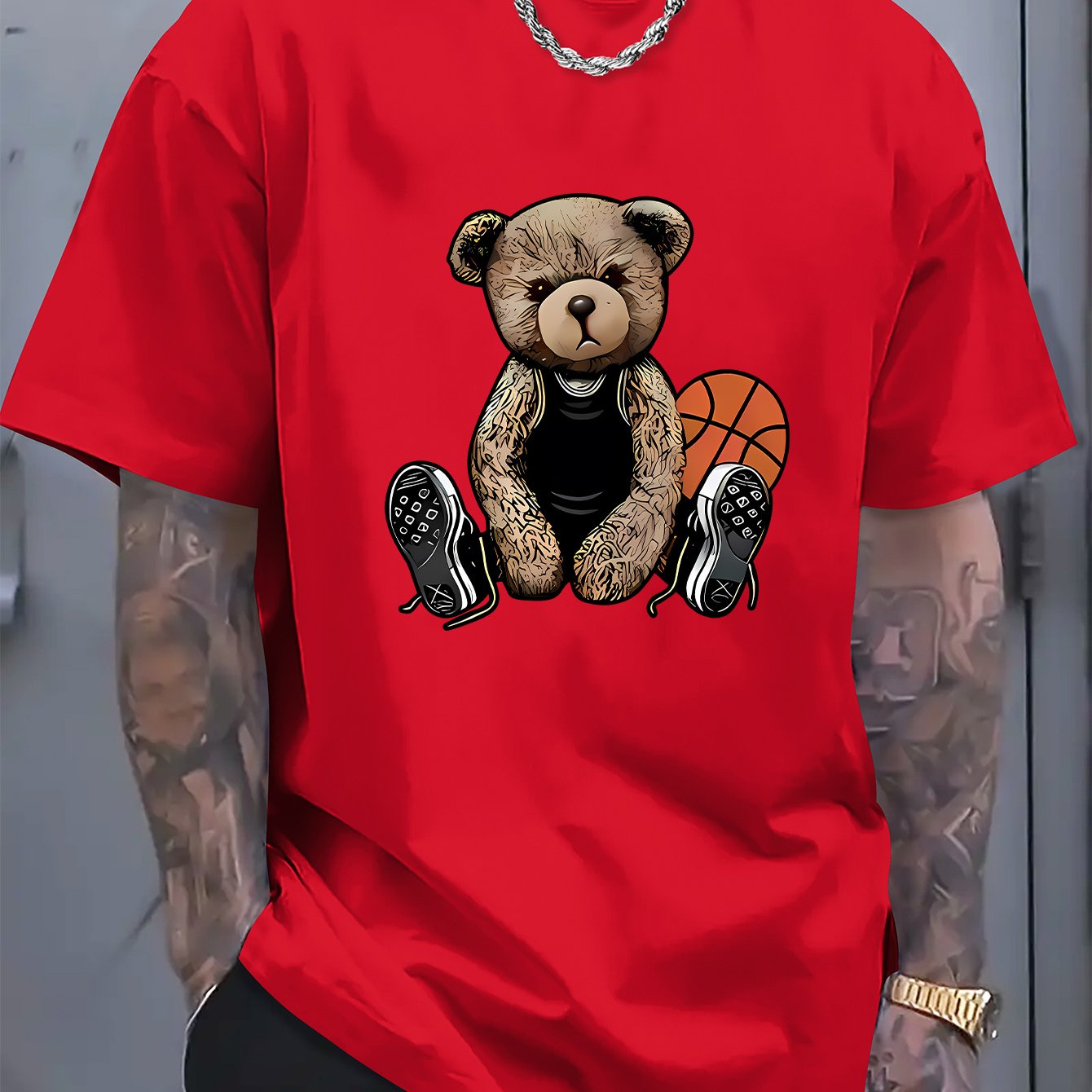 [Cotton Men's T-Shirt] Soft Cotton Men's Casual T-Shirt | Funny Basketball Bear Print, Short Sleeve, Round Neck, Summer Tee for Men | Sporty Urban Style, Playful Graphic Tee, Basketball Shirt