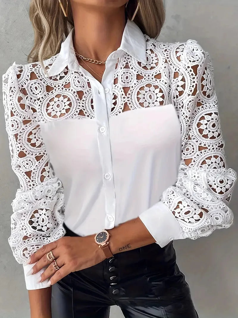 Elegant Women's Blouse White Shirt Lace