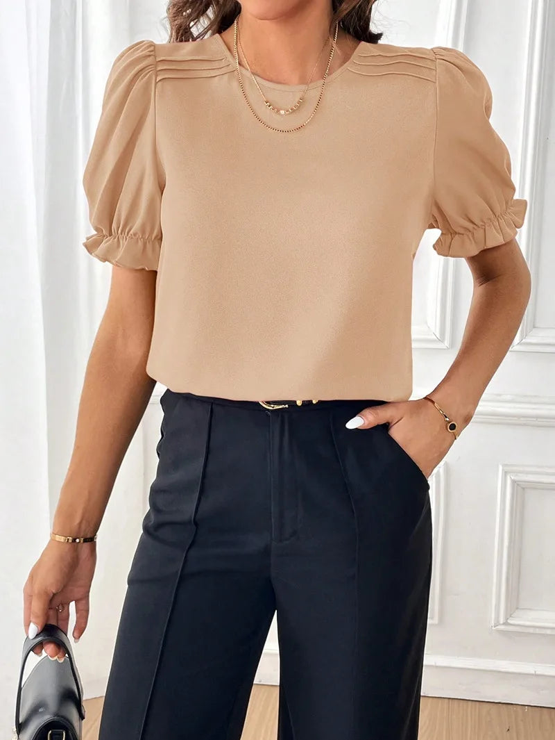 Women's Fashion Style Solid Color Round Neck Blouse
