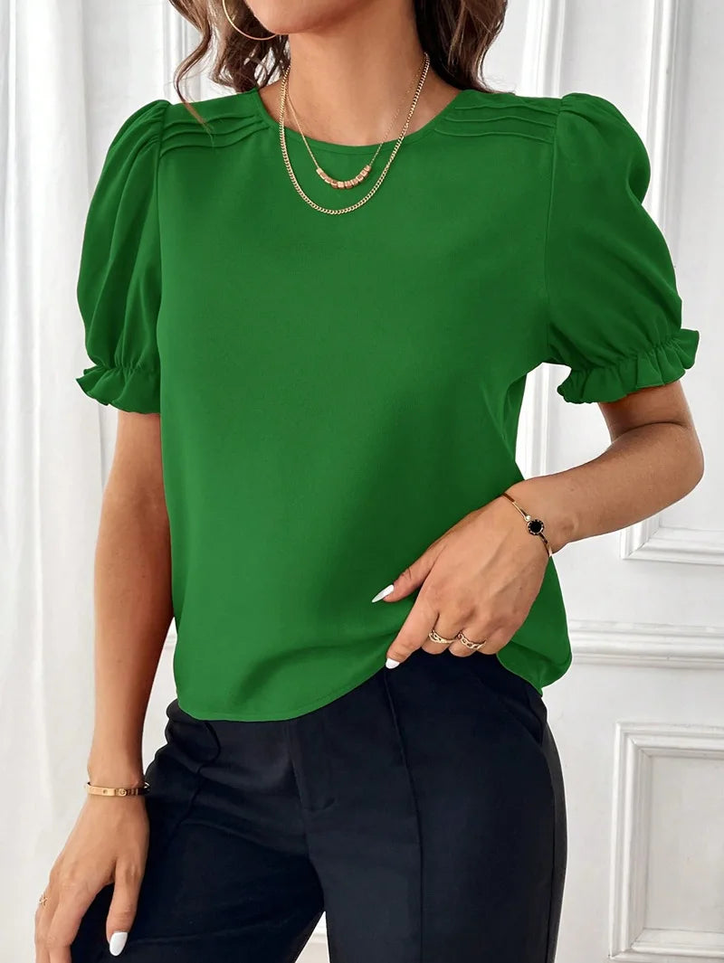 Women's Fashion Style Solid Color Round Neck Blouse