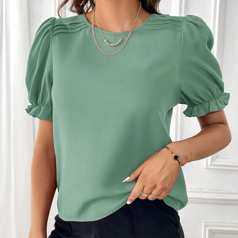 Women's Fashion Style Solid Color Round Neck Blouse