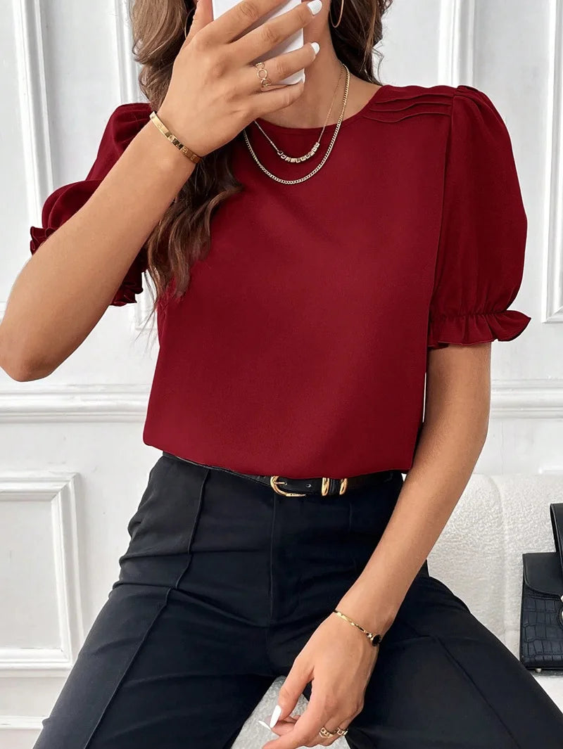 Women's Fashion Style Solid Color Round Neck Blouse