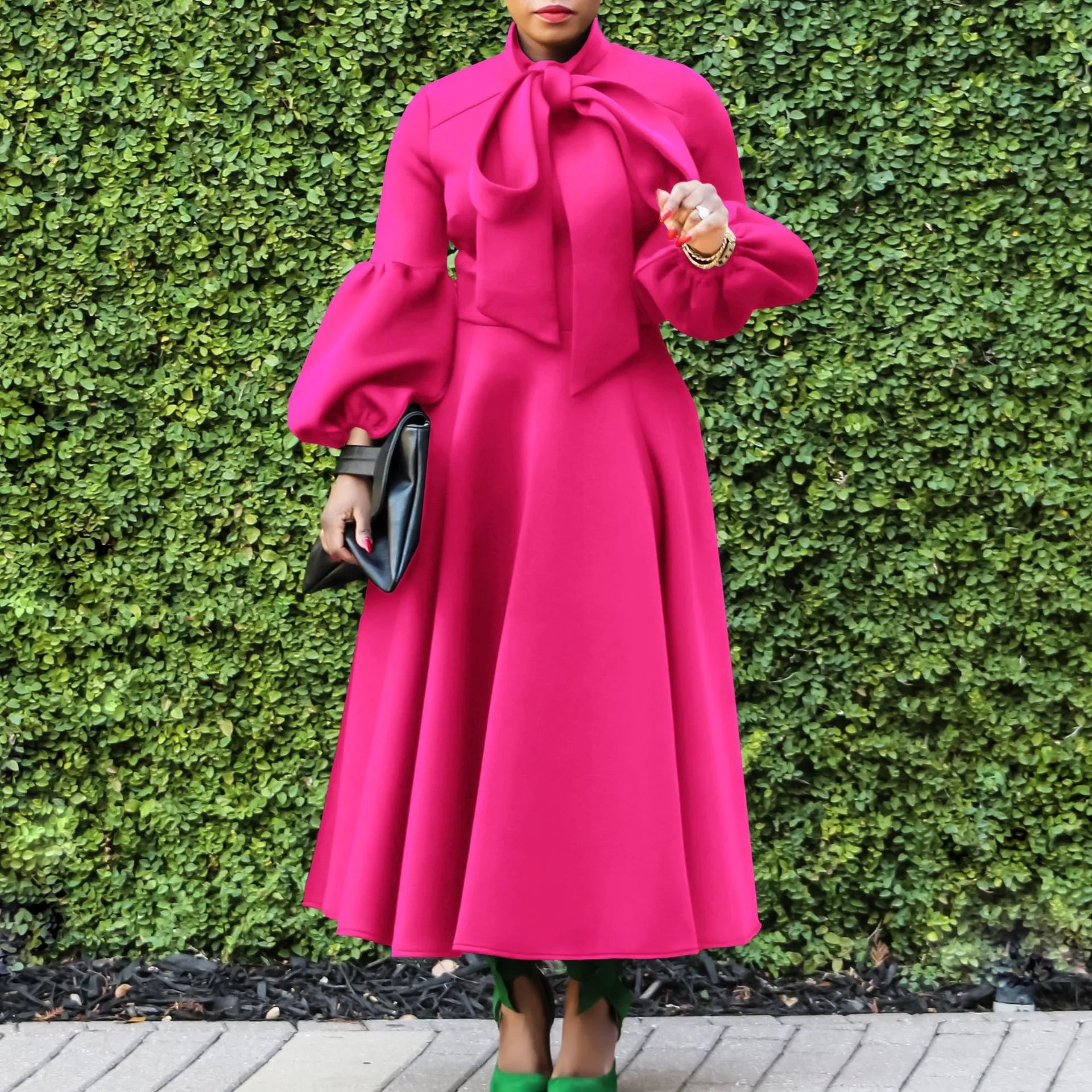 Elegant Dresses for Women Bow Collar Full Sleeve High Waisted