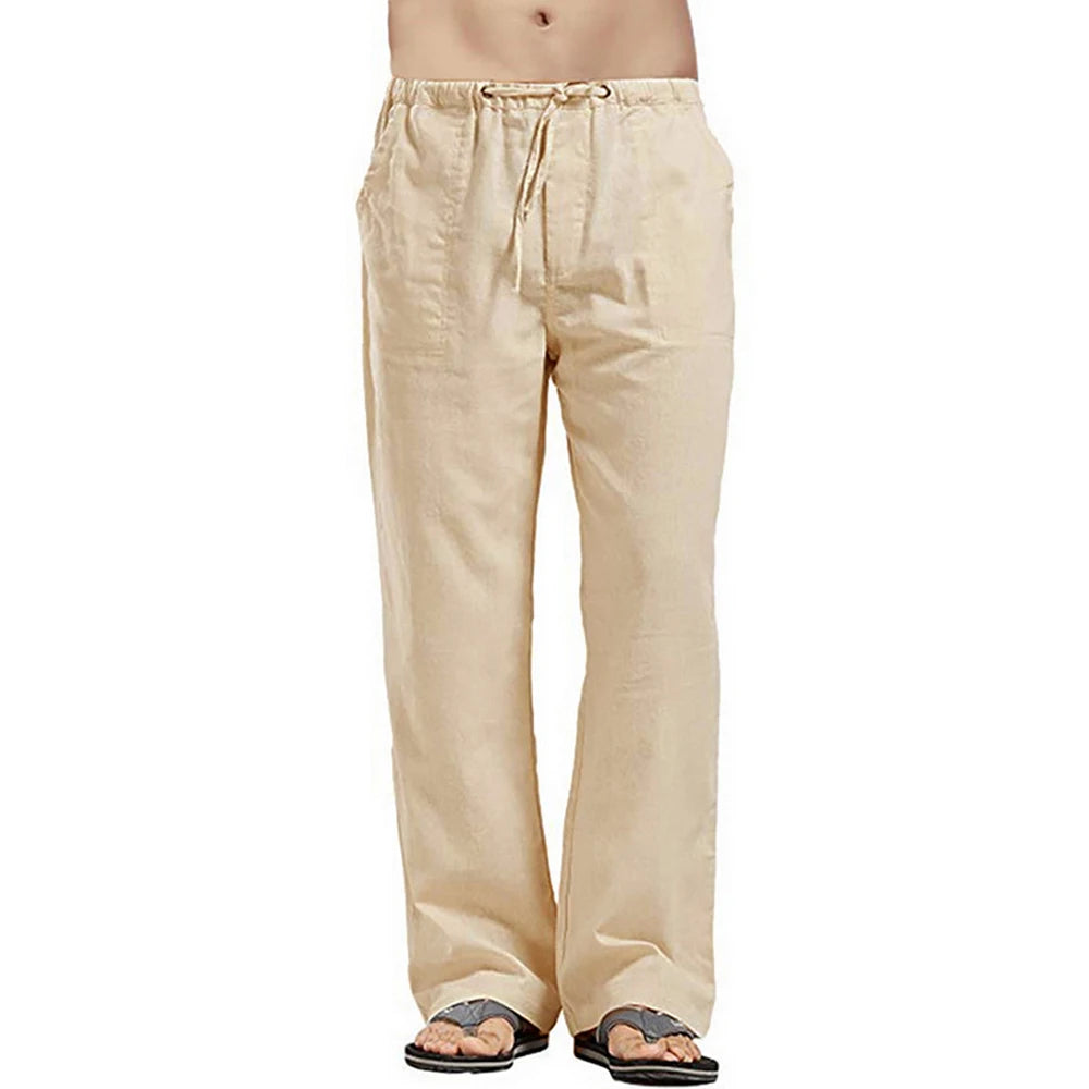 Men's Summer Loose Long Pants Elastic Waist Drawstring Leisure Resort Trousers