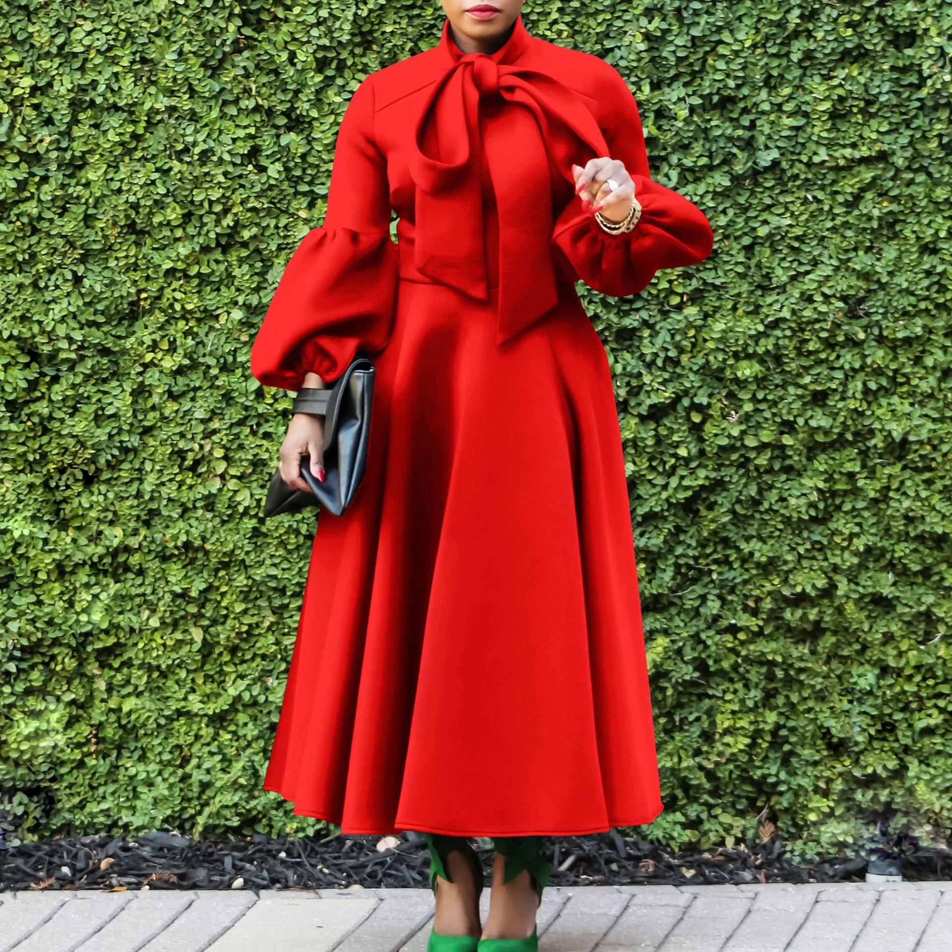 Elegant Dresses for Women Bow Collar Full Sleeve High Waisted