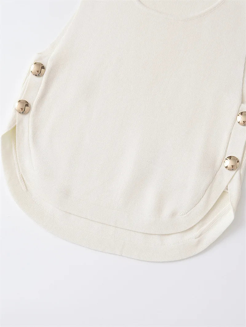 Women's Chic Sleeveless with Side Buckles Asymmetrical Hem Casual O-neck Crop Top