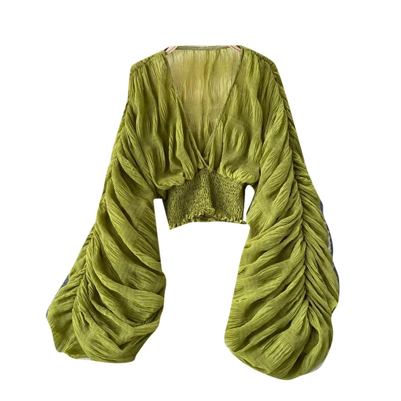 Women's Sexy Deep V Neck Full Puff Sleeve Tight Waist Slim Fit Blouse