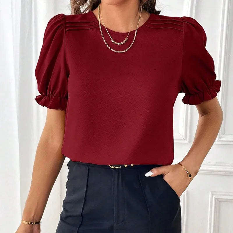Women's Fashion Style Solid Color Round Neck Blouse