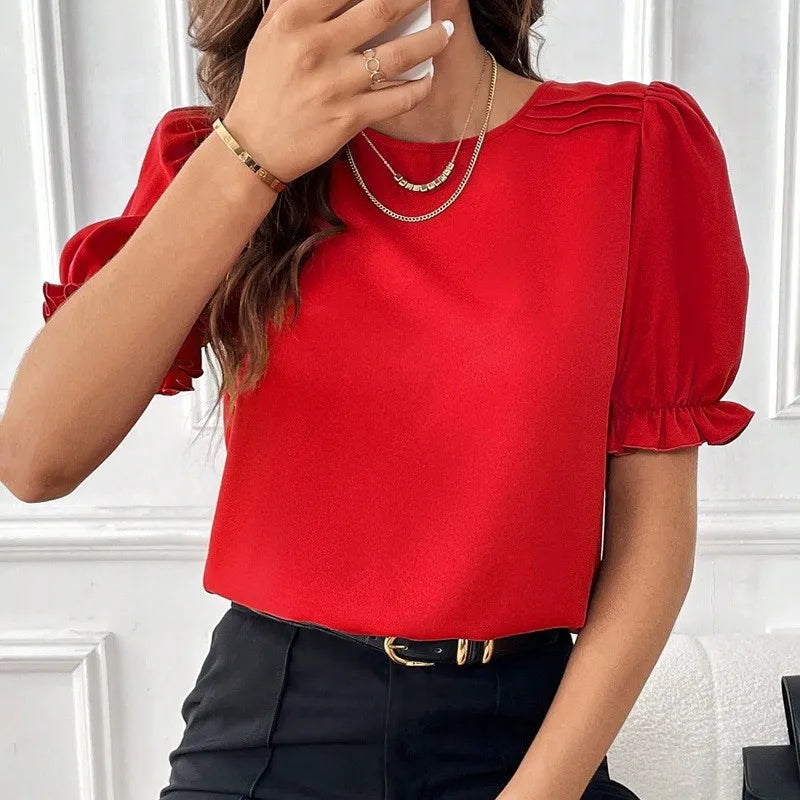 Women's Fashion Style Solid Color Round Neck Blouse