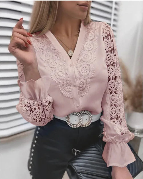 Elegant Women's Blouse White Shirt Lace