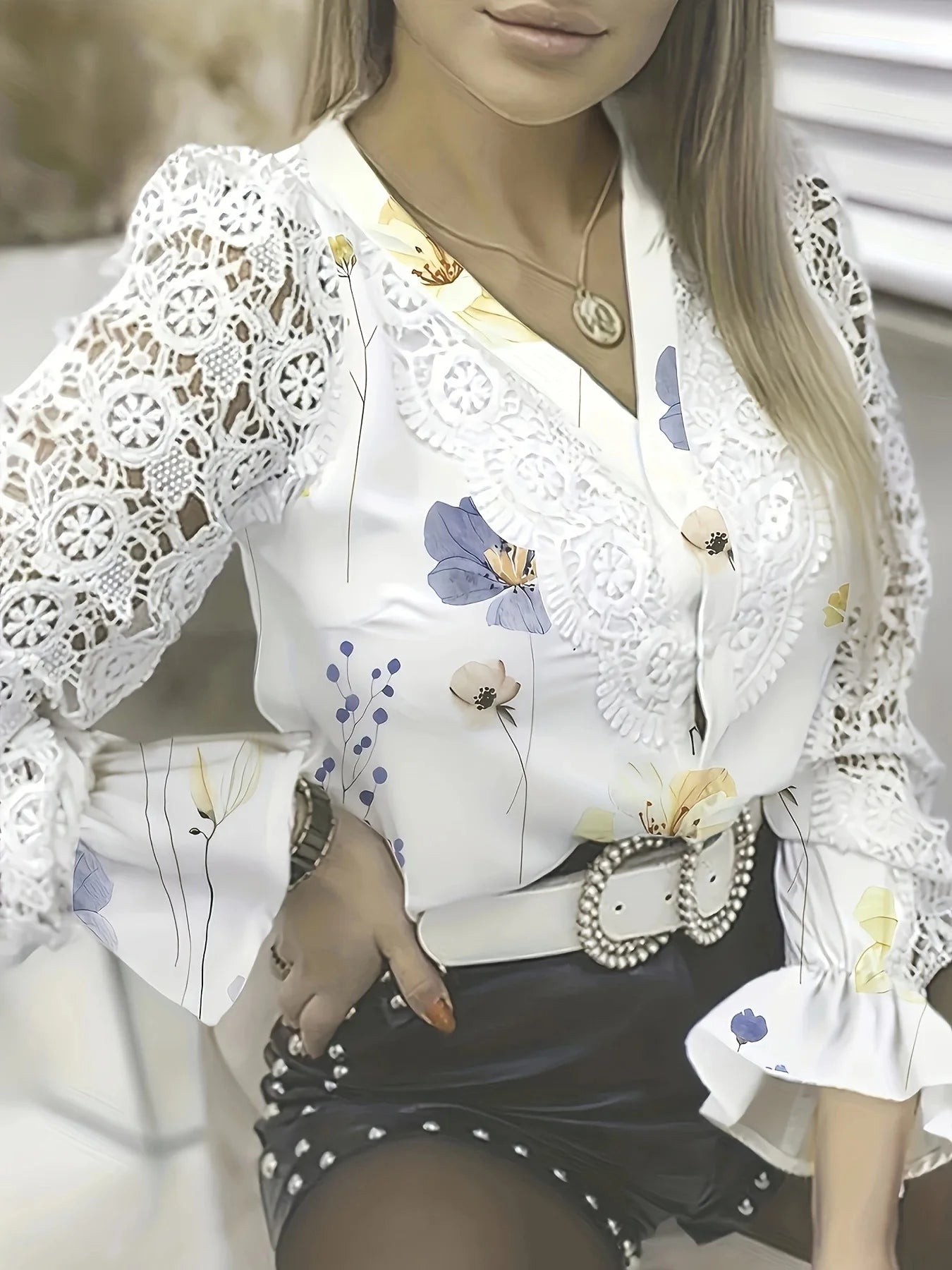 Elegant Women's Blouse White Shirt Lace