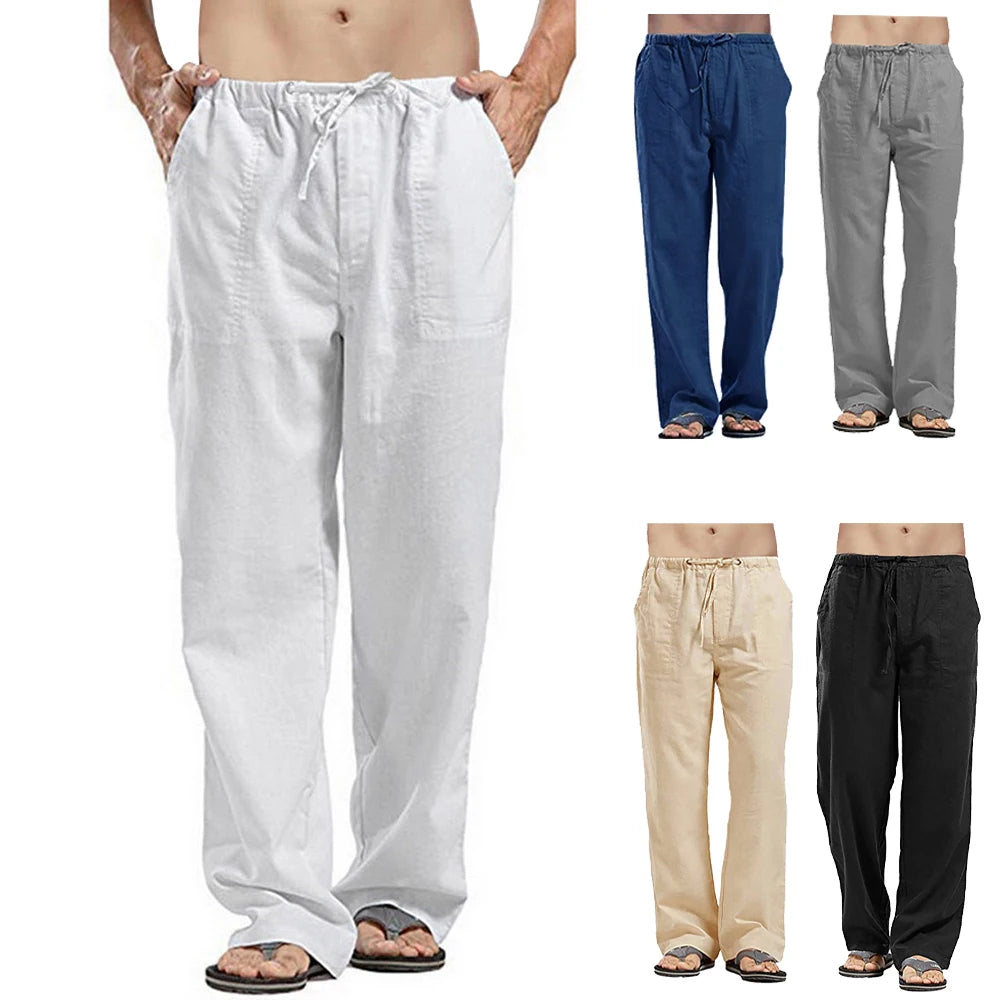 Men's Summer Loose Long Pants Elastic Waist Drawstring Leisure Resort Trousers
