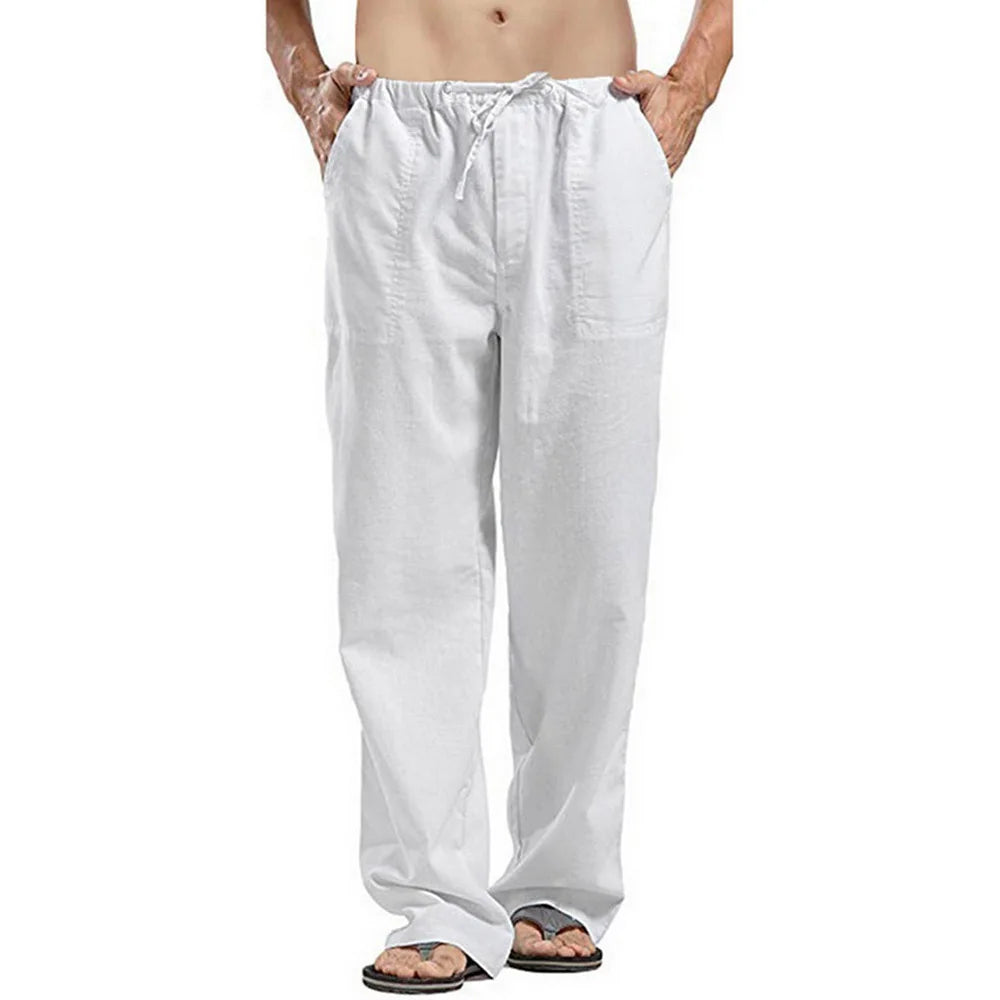 Men's Summer Loose Long Pants Elastic Waist Drawstring Leisure Resort Trousers
