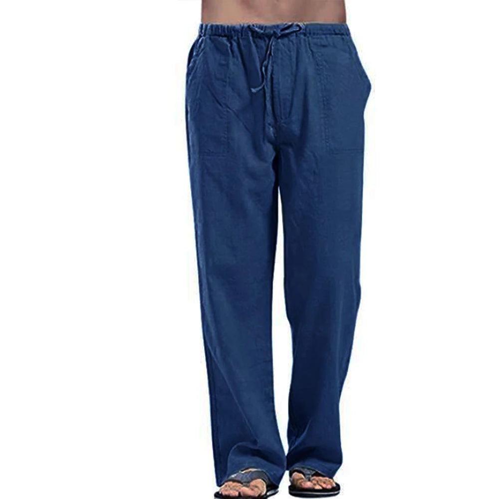 Men's Summer Loose Long Pants Elastic Waist Drawstring Leisure Resort Trousers