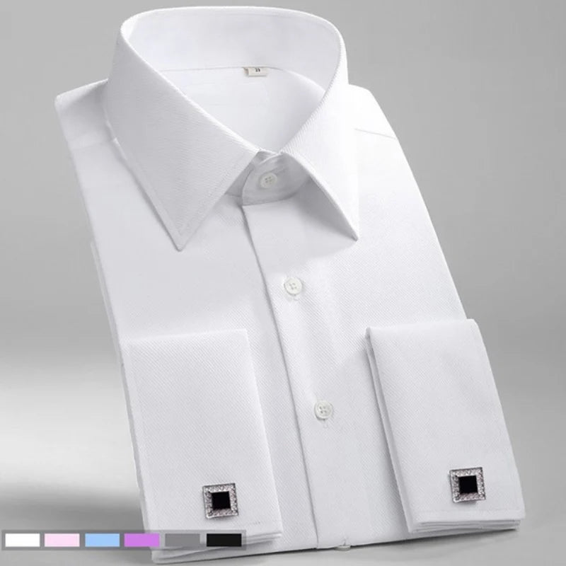 Men's Tuxedo Shirt Long Sleeve French Cuff Button Wedding Dress Shirts Double Cuff with Cufflinks