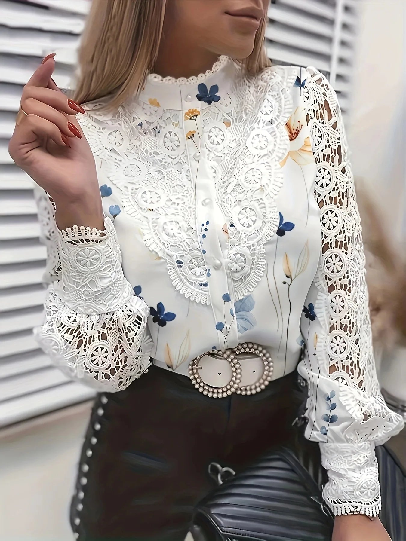 Elegant Women's Blouse White Shirt Lace