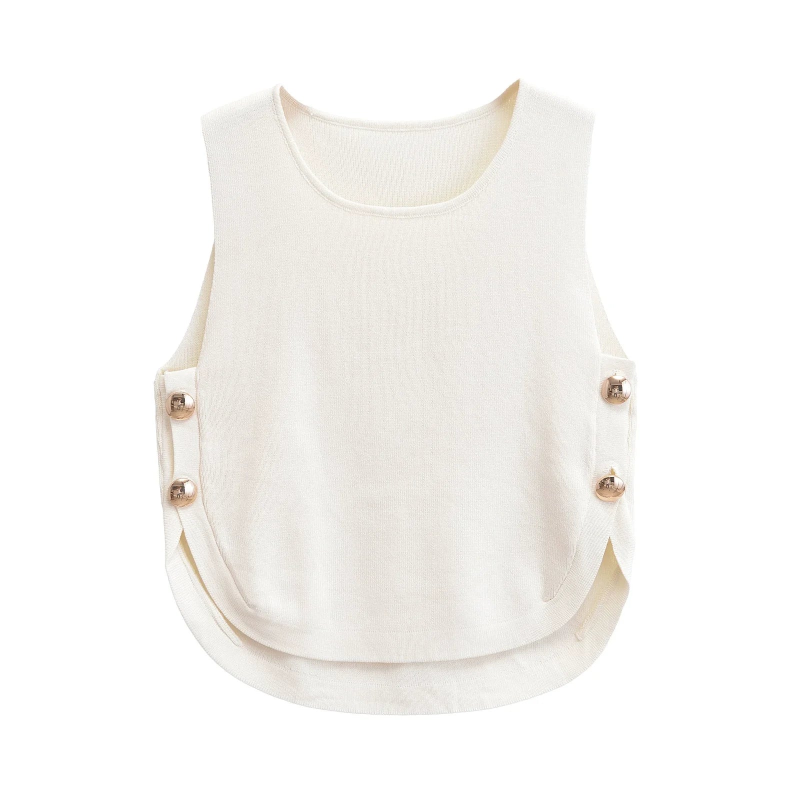 Women's Chic Sleeveless with Side Buckles Asymmetrical Hem Casual O-neck Crop Top