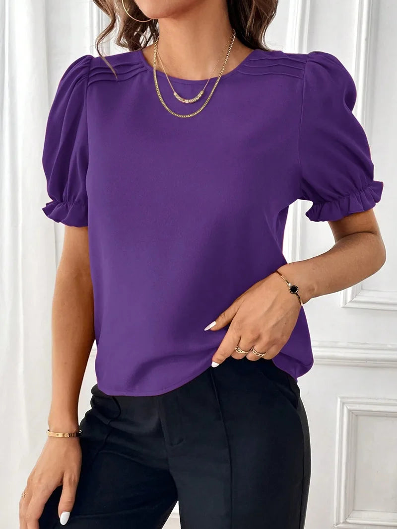 Women's Fashion Style Solid Color Round Neck Blouse