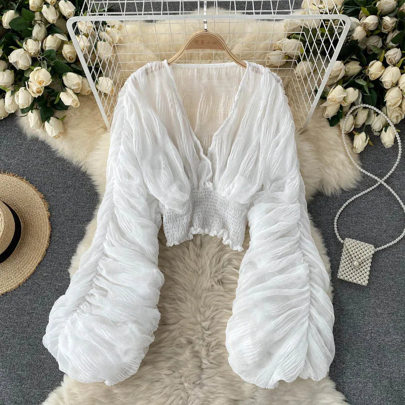 Women's Sexy Deep V Neck Full Puff Sleeve Tight Waist Slim Fit Blouse