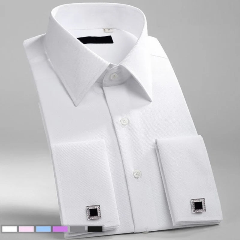 Men's Tuxedo Shirt Long Sleeve French Cuff Button Wedding Dress Shirts Double Cuff with Cufflinks