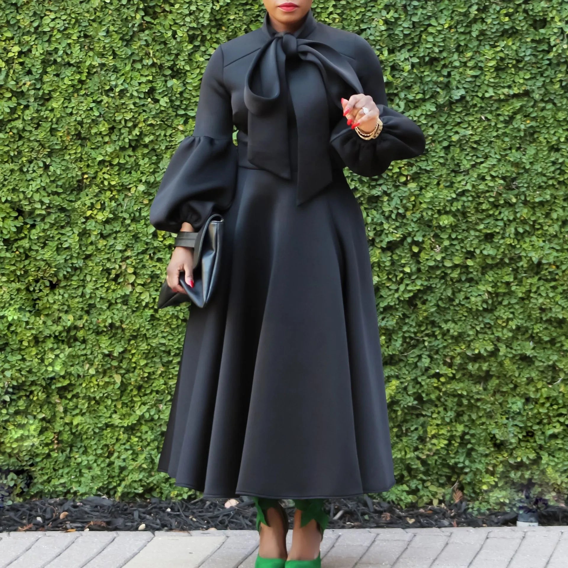 Elegant Dresses for Women Bow Collar Full Sleeve High Waisted