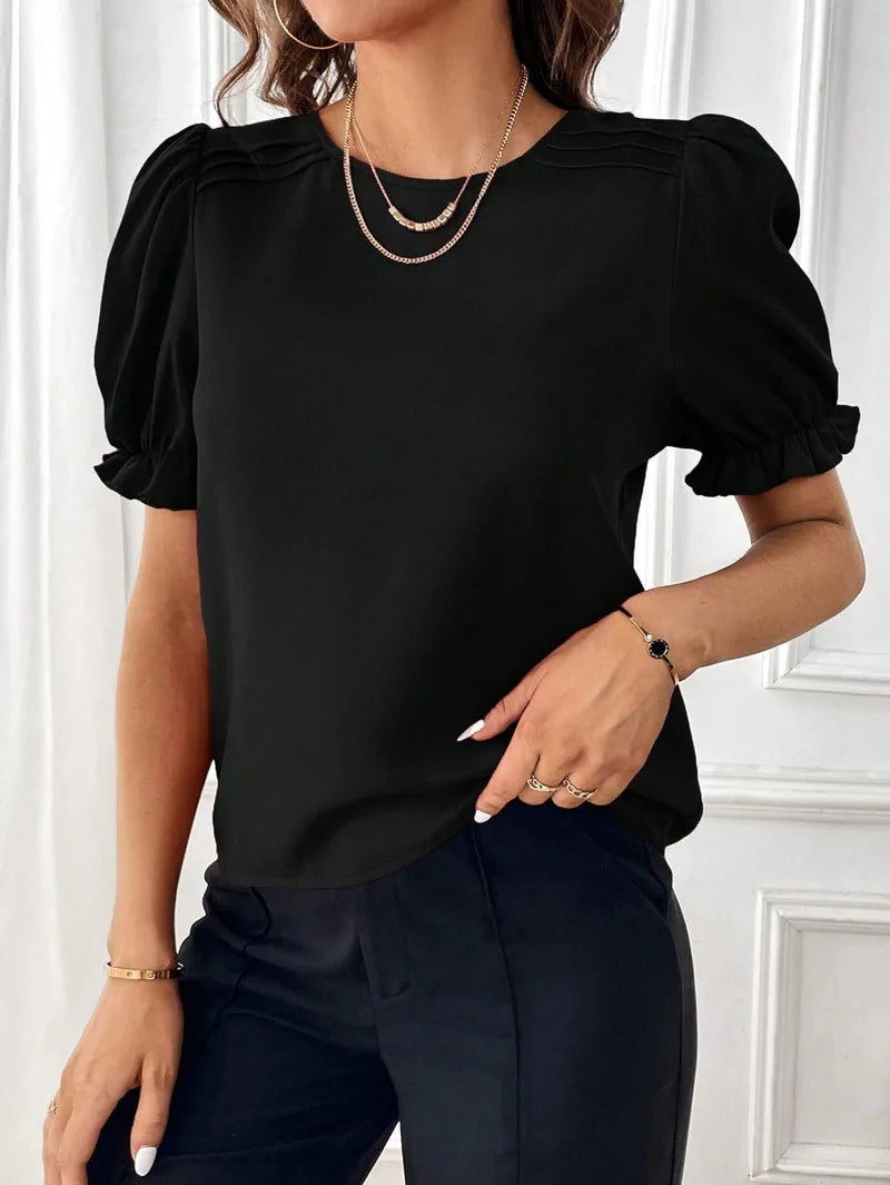 Women's Fashion Style Solid Color Round Neck Blouse