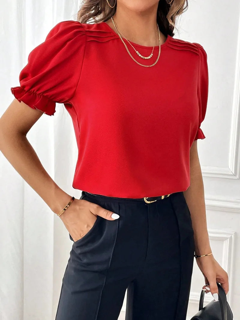 Women's Fashion Style Solid Color Round Neck Blouse