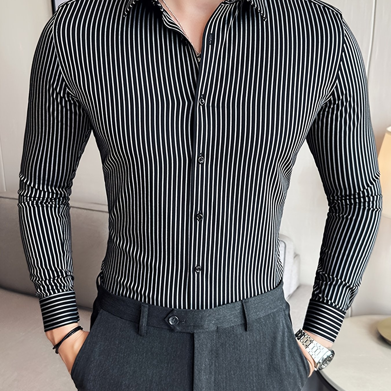 A Classic Regular-Fit Men'S Dress Shirt with Wide Vertical Stripes.