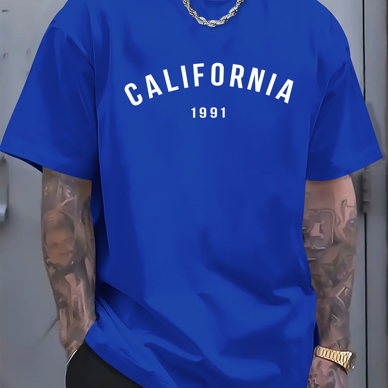 Cotton Men's Casual T-Shirt with "CALIFORNIA 1991" Unique Letter & Creative Print, Simplistic Style, Comfortable Fit for Everyday Wear