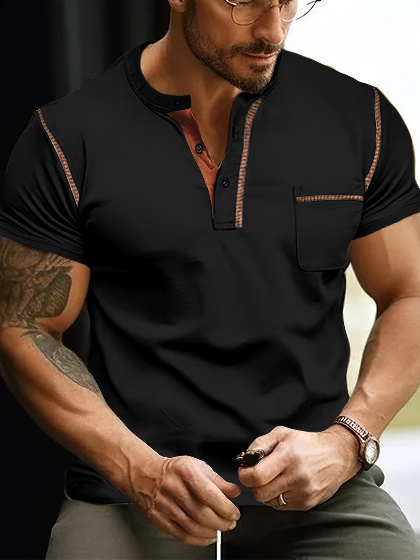 Men's Casual T-Shirt, Stylish Short Sleeve V-Neck With Button Detail Tee, Slim Fit Sports Tee For Everyday Wear