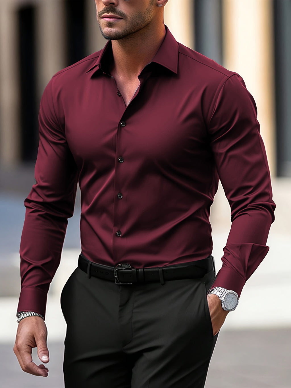 Elegant Solid Color Men's Dress Shirt